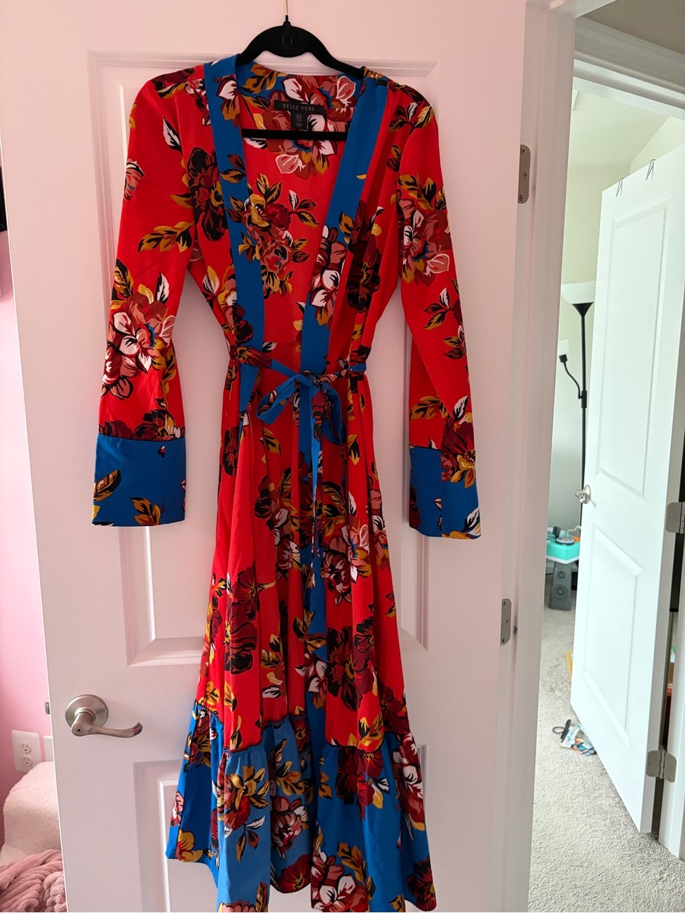 Red Floral Kaftan Maxi Dress with Blue Trim